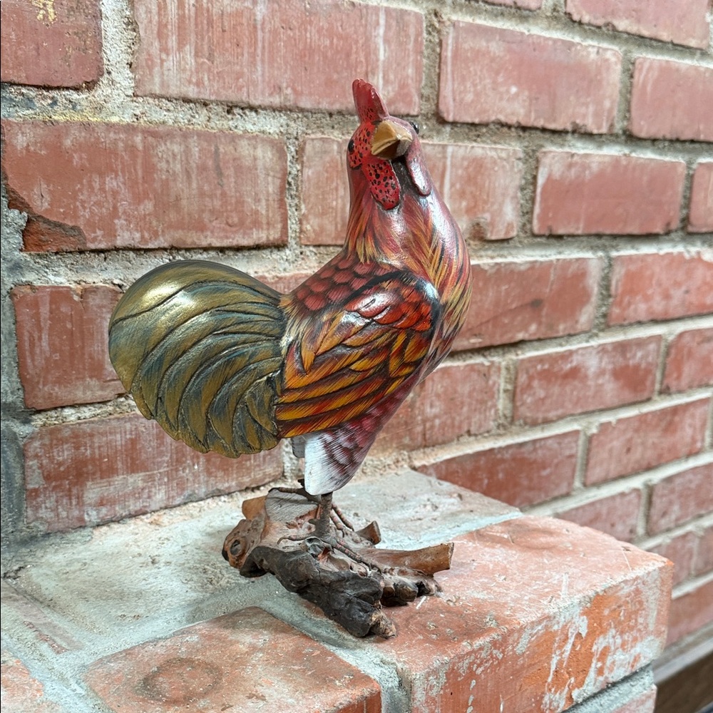 Rustic Rooster Wooden Figurine in Red and Gold